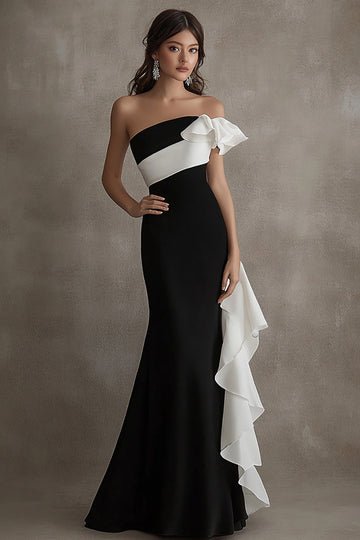 Mermaid One Shoulder Ruffles Long Black Tie Dress